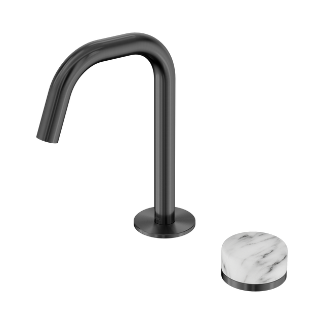 An image of Nero Tapware's Serenity Progressive Basin Mixer Edge Spout With Arabescato Corchia Handle Gun Metal