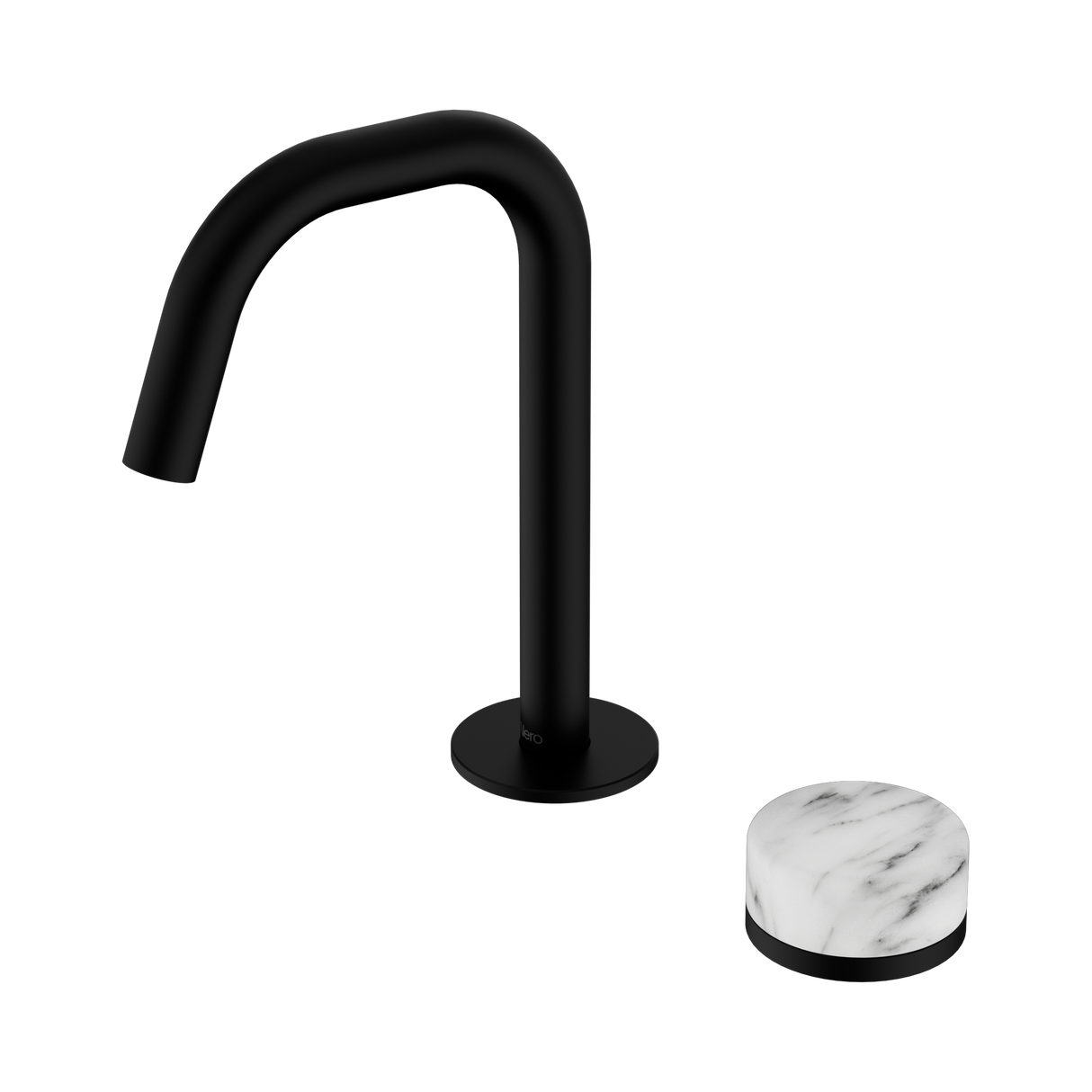 An image of Nero Tapware's Serenity Progressive Basin Mixer Edge Spout With Arabescato Corchia Handle Matt Black