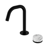 An image of Nero Tapware's Serenity Progressive Basin Mixer Edge Spout With Arabescato Corchia Handle Matt Black