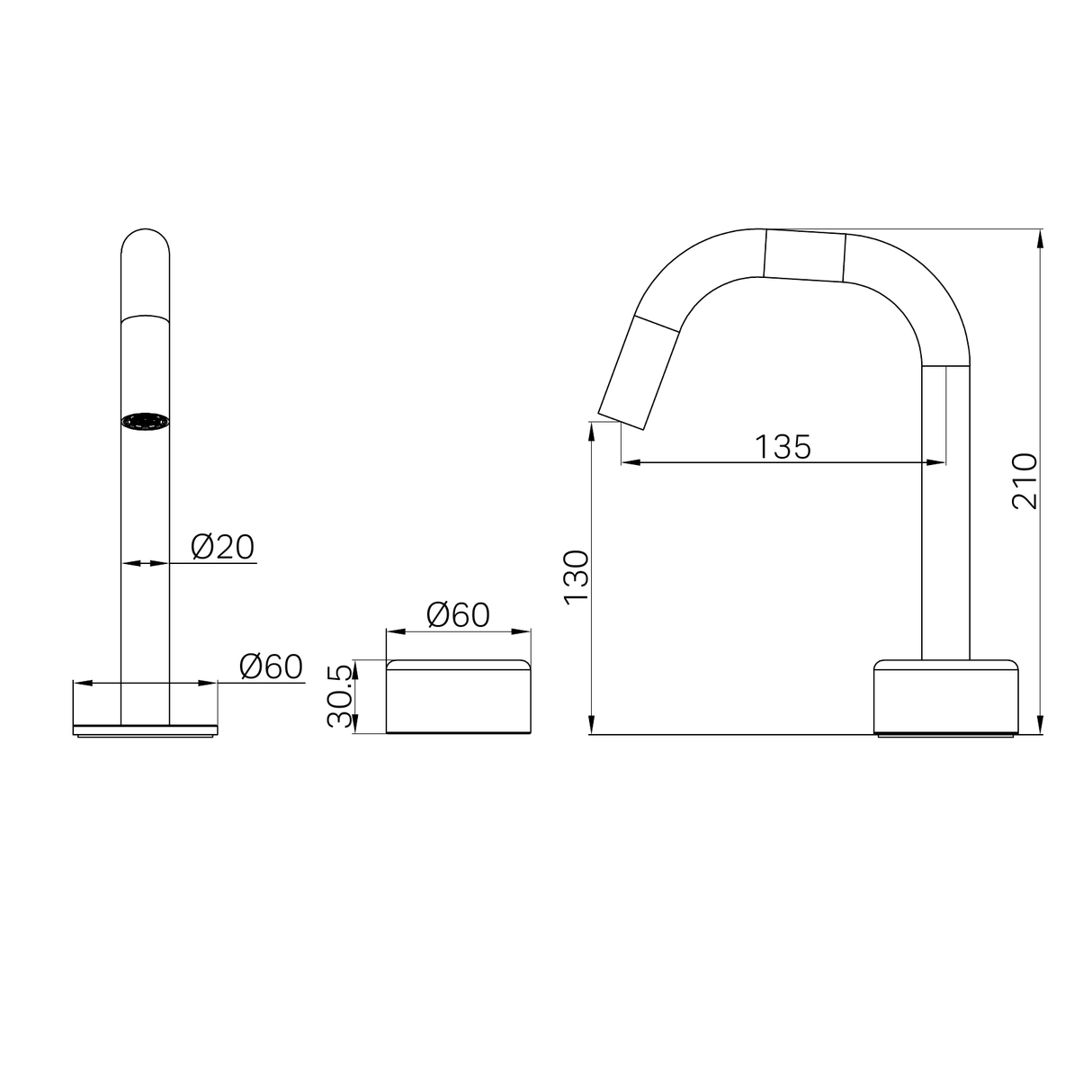 A line drawing of Nero Tapware's Serenity Progressive Basin Mixer Edge Spout With Metal Handle Brushed Bronze