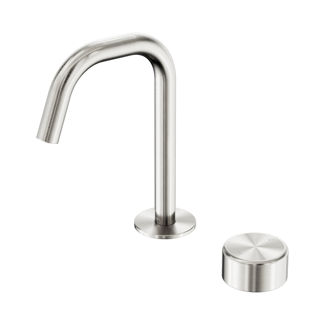An image of Nero Tapware's Serenity Progressive Basin Mixer Edge Spout With Metal Handle Brushed Nickel
