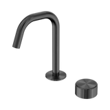An image of Nero Tapware's Serenity Progressive Basin Mixer Edge Spout With Metal Handle Gun Metal