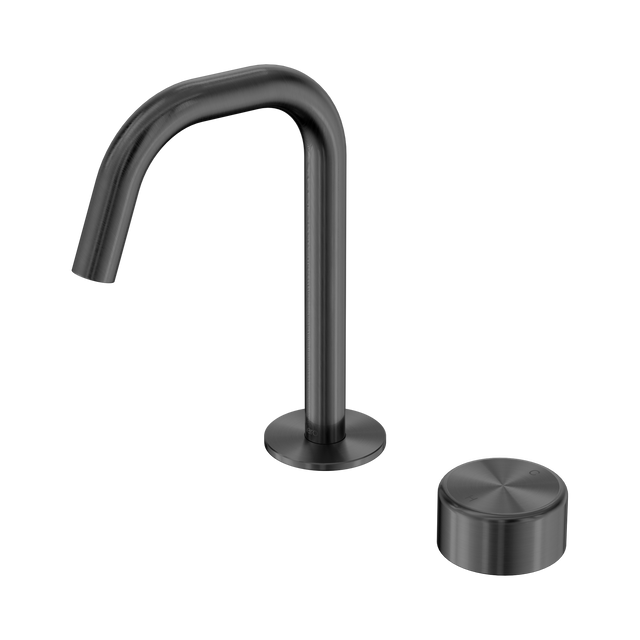An image of Nero Tapware's Serenity Progressive Basin Mixer Edge Spout With Metal Handle Gun Metal