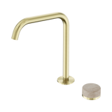 An image of Nero Tapware's Serenity Progressive Bath/Kitchen Mixer Edge Spout With Rome Travertine Handle Brushed Gold