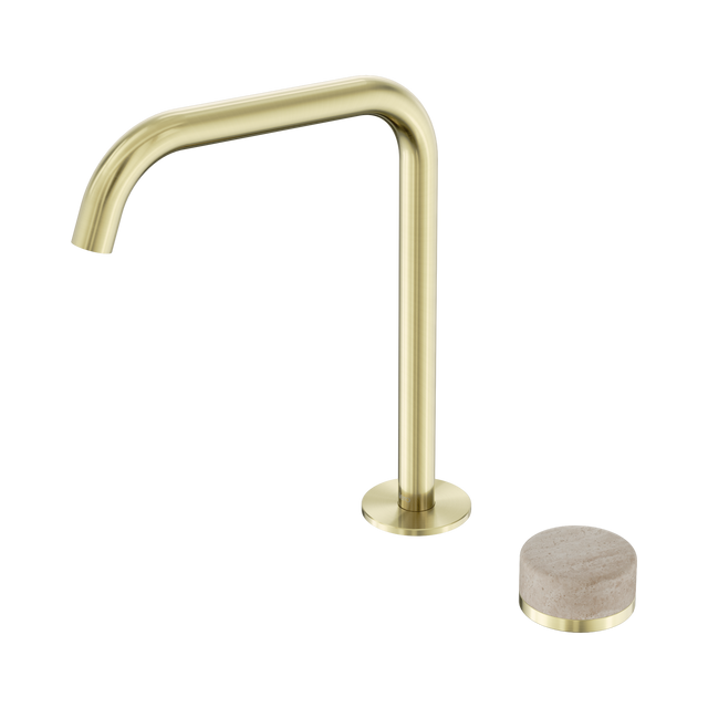 An image of Nero Tapware's Serenity Progressive Bath/Kitchen Mixer Edge Spout With Rome Travertine Handle Brushed Gold