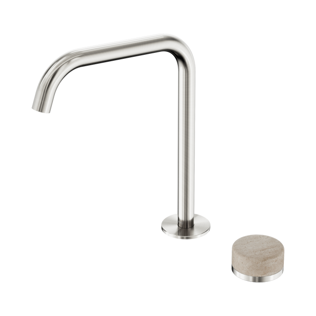 An image of Nero Tapware's Serenity Progressive Bath/Kitchen Mixer Edge Spout With Rome Travertine Handle Brushed Nickel