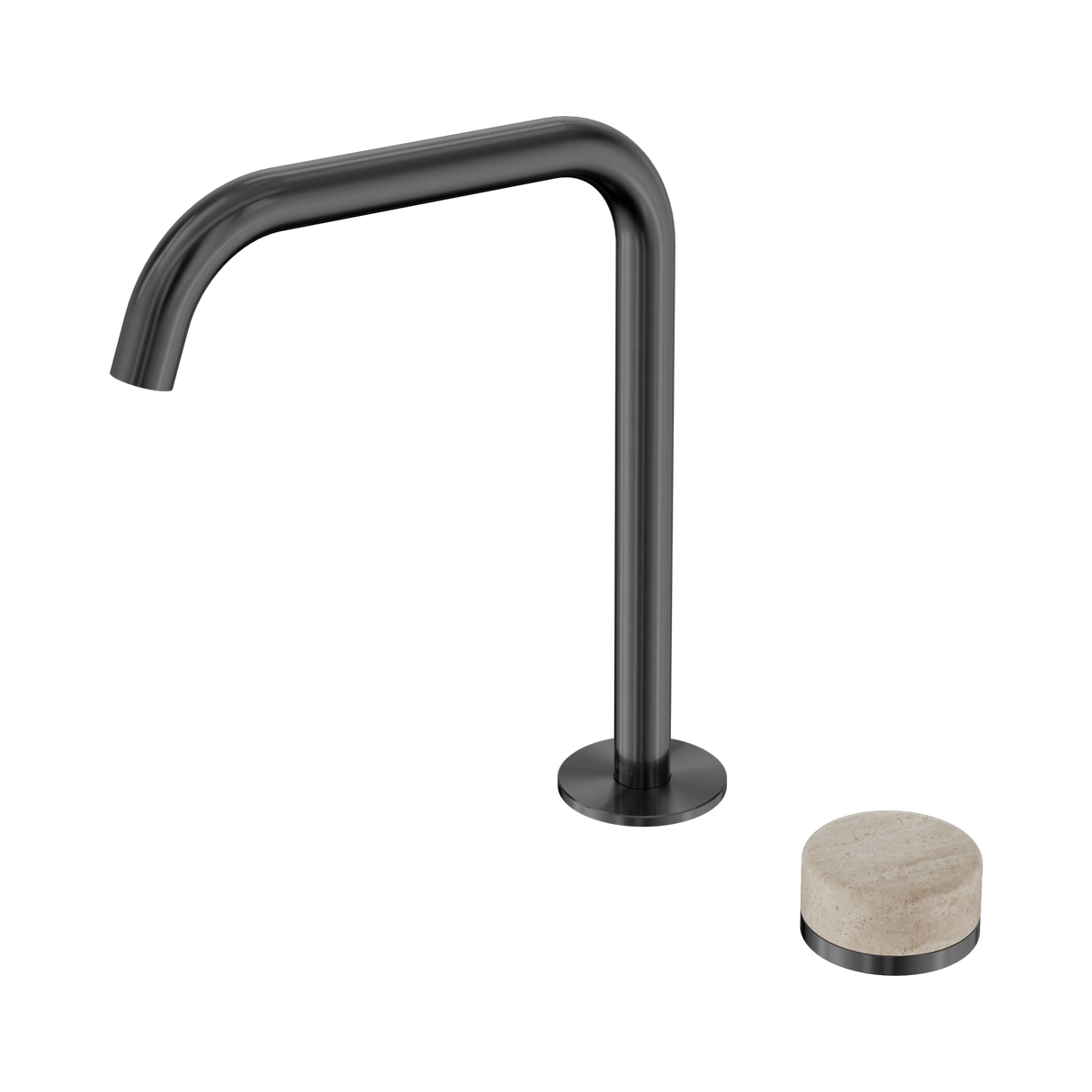 An image of Nero Tapware's Serenity Progressive Bath/Kitchen Mixer Edge Spout With Rome Travertine Handle Gun Metal