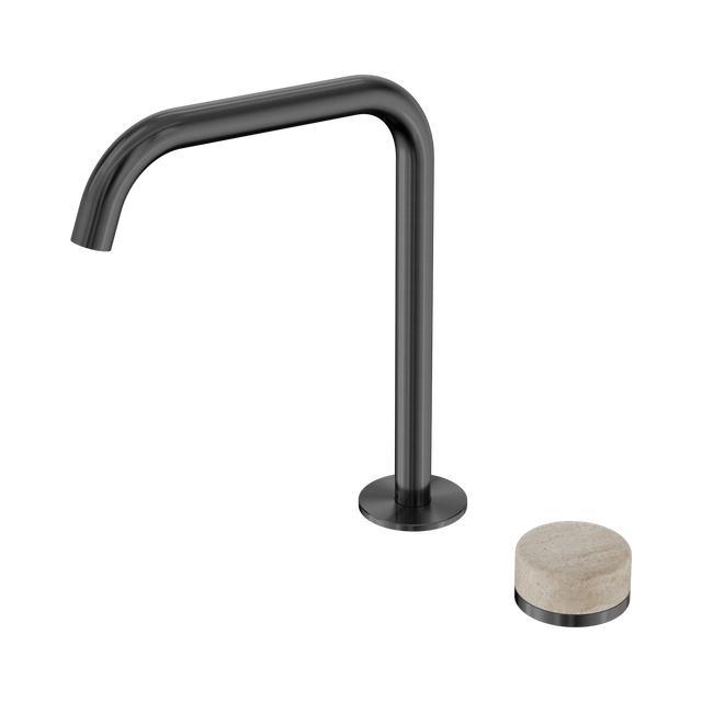 An image of Nero Tapware's Serenity Progressive Bath/Kitchen Mixer Edge Spout With Rome Travertine Handle Gun Metal