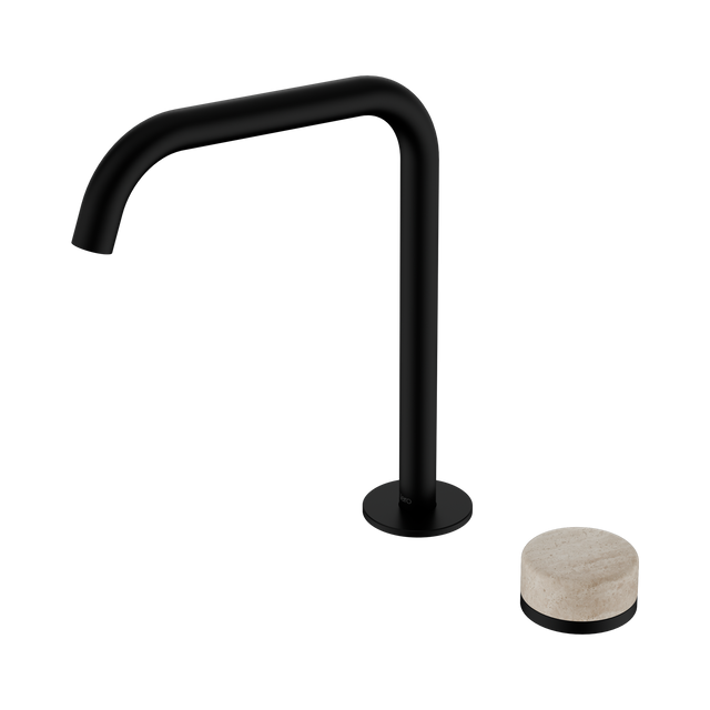 An image of Nero Tapware's Serenity Progressive Bath/Kitchen Mixer Edge Spout With Rome Travertine Handle Matt Black