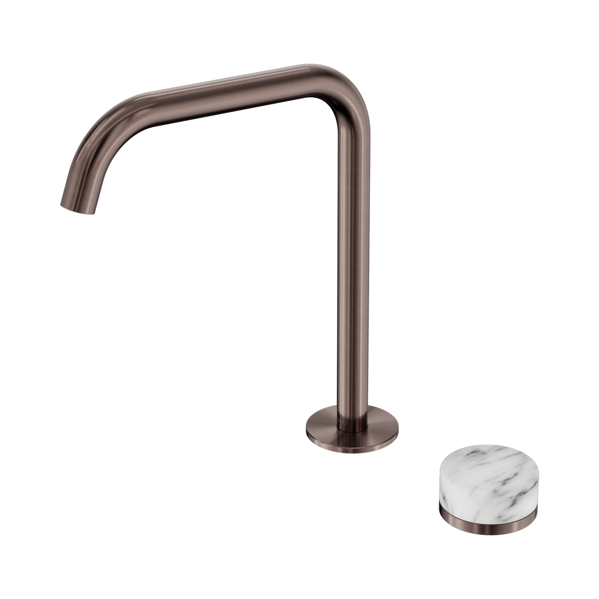An image of Nero Tapware's Serenity Progressive Bath/Kitchen Mixer Edge Spout With Arabescato Corchia Handle Brushed Bronze