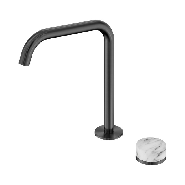 An image of Nero Tapware's Serenity Progressive Bath/Kitchen Mixer Edge Spout With Arabescato Corchia Handle Gun Metal