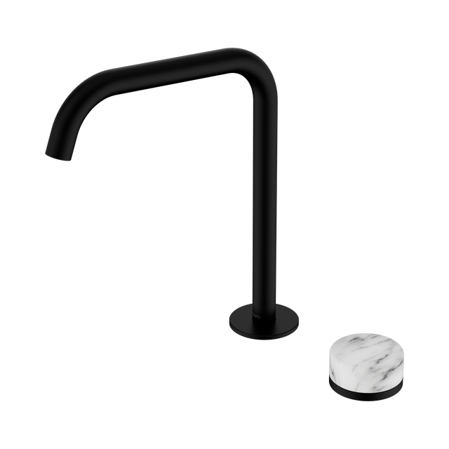 An image of Nero Tapware's Serenity Progressive Bath/Kitchen Mixer Edge Spout With Arabescato Corchia Handle Matt Black