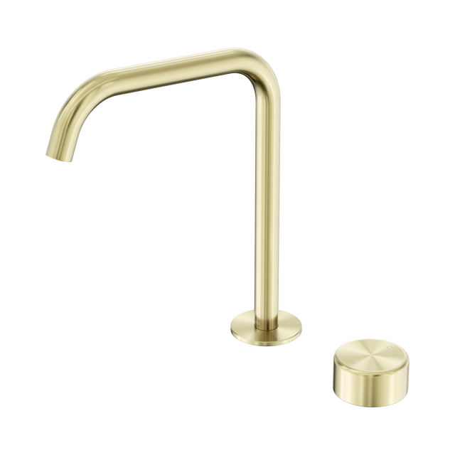 An image of Nero Tapware's Serenity Progressive Bath/Kitchen Mixer Edge Spout With Metal Handle Brushed Gold
