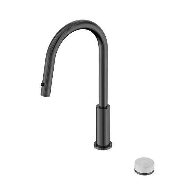 An image of Nero Tapware's Serenity Progressive Pull Out Kitchen Set With Carrara Handle Gun Metal