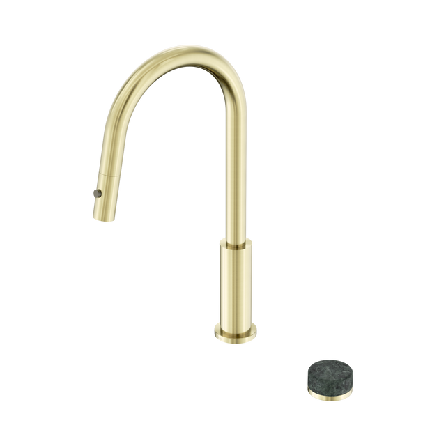 An image of Nero Tapware's Serenity Progressive Pull Out Kitchen Set With Verde Alpi Handle Brushed Gold