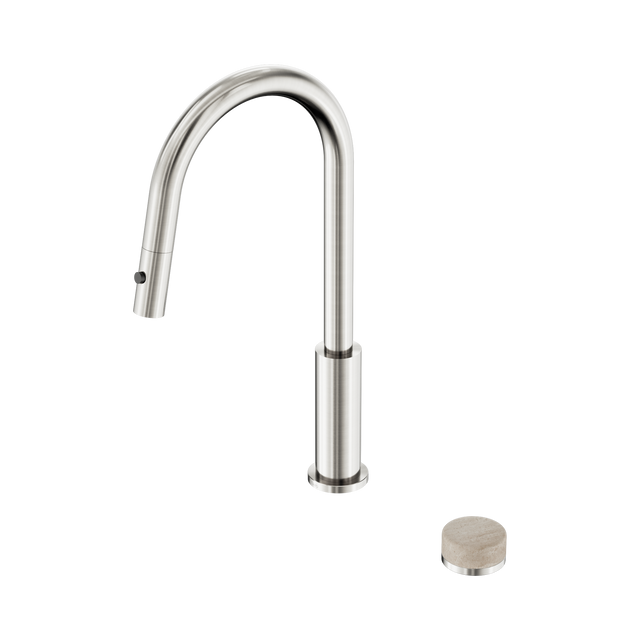 An image of Nero Tapware's Serenity Progressive Pull Out Kitchen Set With Rome Travertine Handle Brushed Nickel