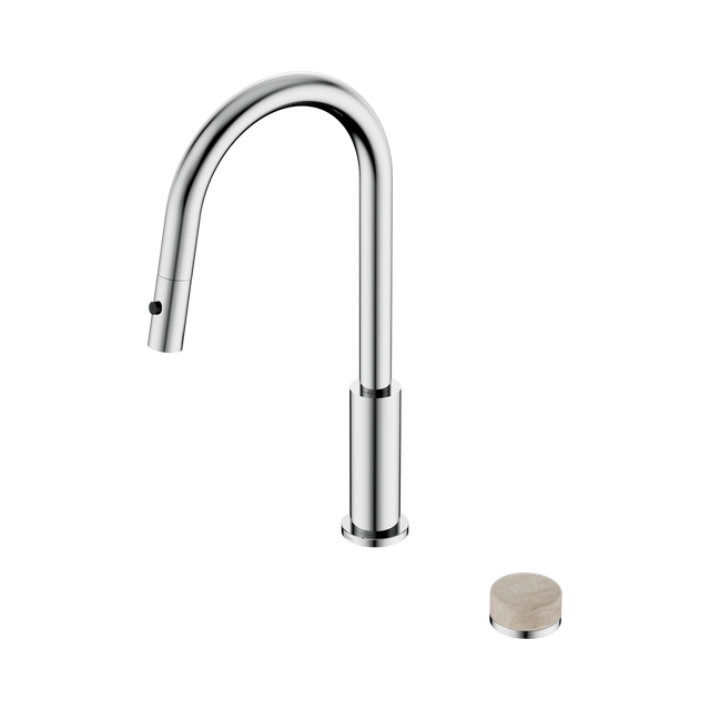 An image of Nero Tapware's Serenity Progressive Pull Out Kitchen Set With Rome Travertine Handle Chrome