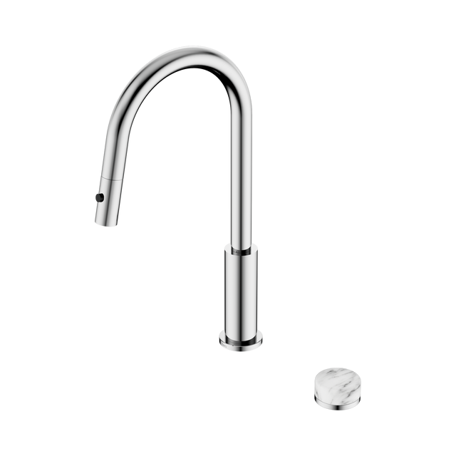An image of Nero Tapware's Serenity Progressive Pull Out Kitchen Set With Arabescato Corchia Handle Chrome