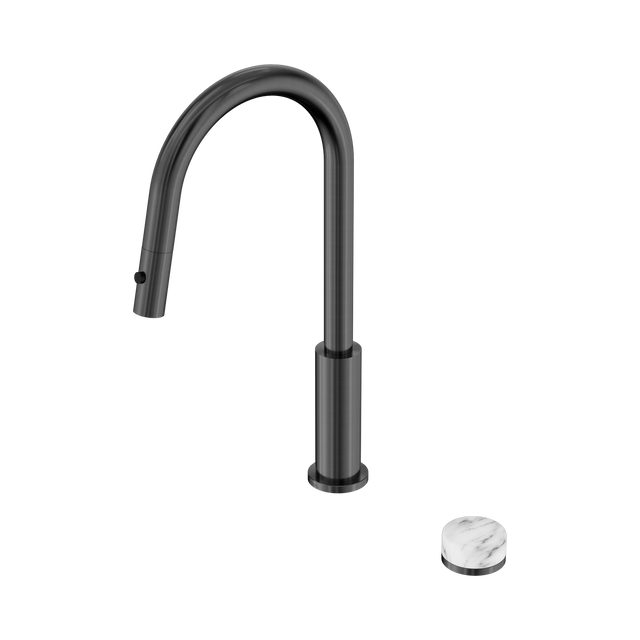 An image of Nero Tapware's Serenity Progressive Pull Out Kitchen Set With Arabescato Corchia Handle Gun Metal