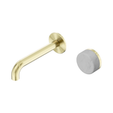 An image of Nero Tapware's Serenity Progressive Wall Basin Mixer 160mm Spout With Carrara Handle Brushed Gold