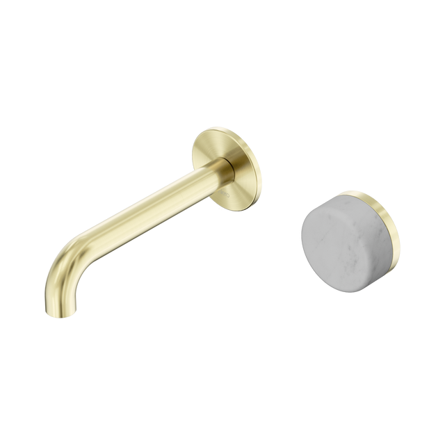 An image of Nero Tapware's Serenity Progressive Wall Basin Mixer 160mm Spout With Carrara Handle Brushed Gold