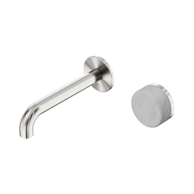 An image of Nero Tapware's Serenity Progressive Wall Basin Mixer 160mm Spout With Carrara Handle Brushed Nickel