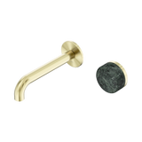 An image of Nero Tapware's Serenity Progressive Wall Basin Mixer 160mm Spout With Verde Alpi Handle Brushed Gold
