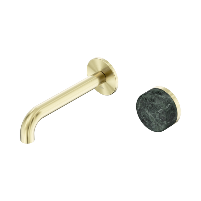 An image of Nero Tapware's Serenity Progressive Wall Basin Mixer 160mm Spout With Verde Alpi Handle Brushed Gold