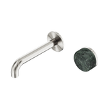 An image of Nero Tapware's Serenity Progressive Wall Basin Mixer 160mm Spout With Verde Alpi Handle Brushed Nickel