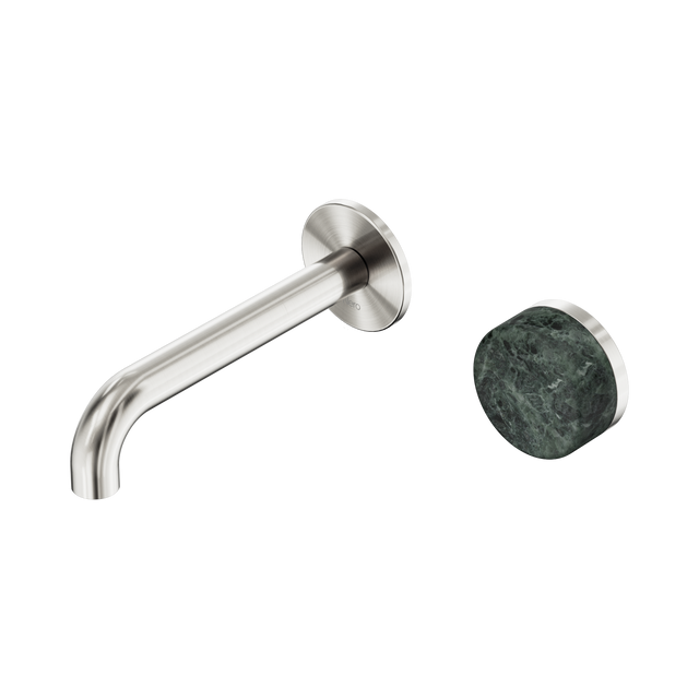 An image of Nero Tapware's Serenity Progressive Wall Basin Mixer 160mm Spout With Verde Alpi Handle Brushed Nickel