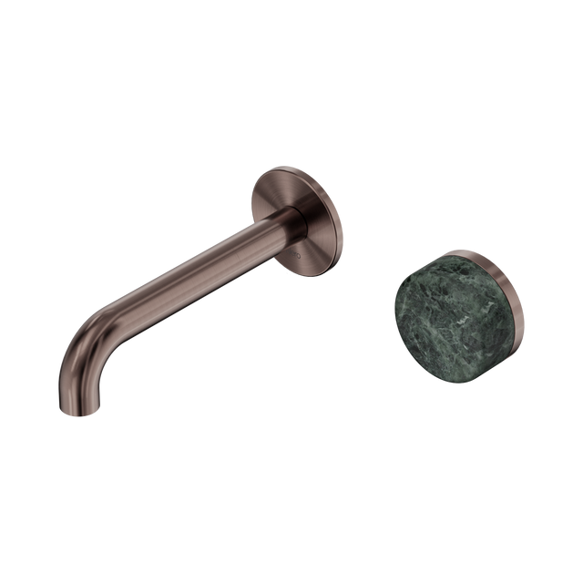 An image of Nero Tapware's Serenity Progressive Wall Basin Mixer 160mm Spout With Verde Alpi Handle Brushed Bronze