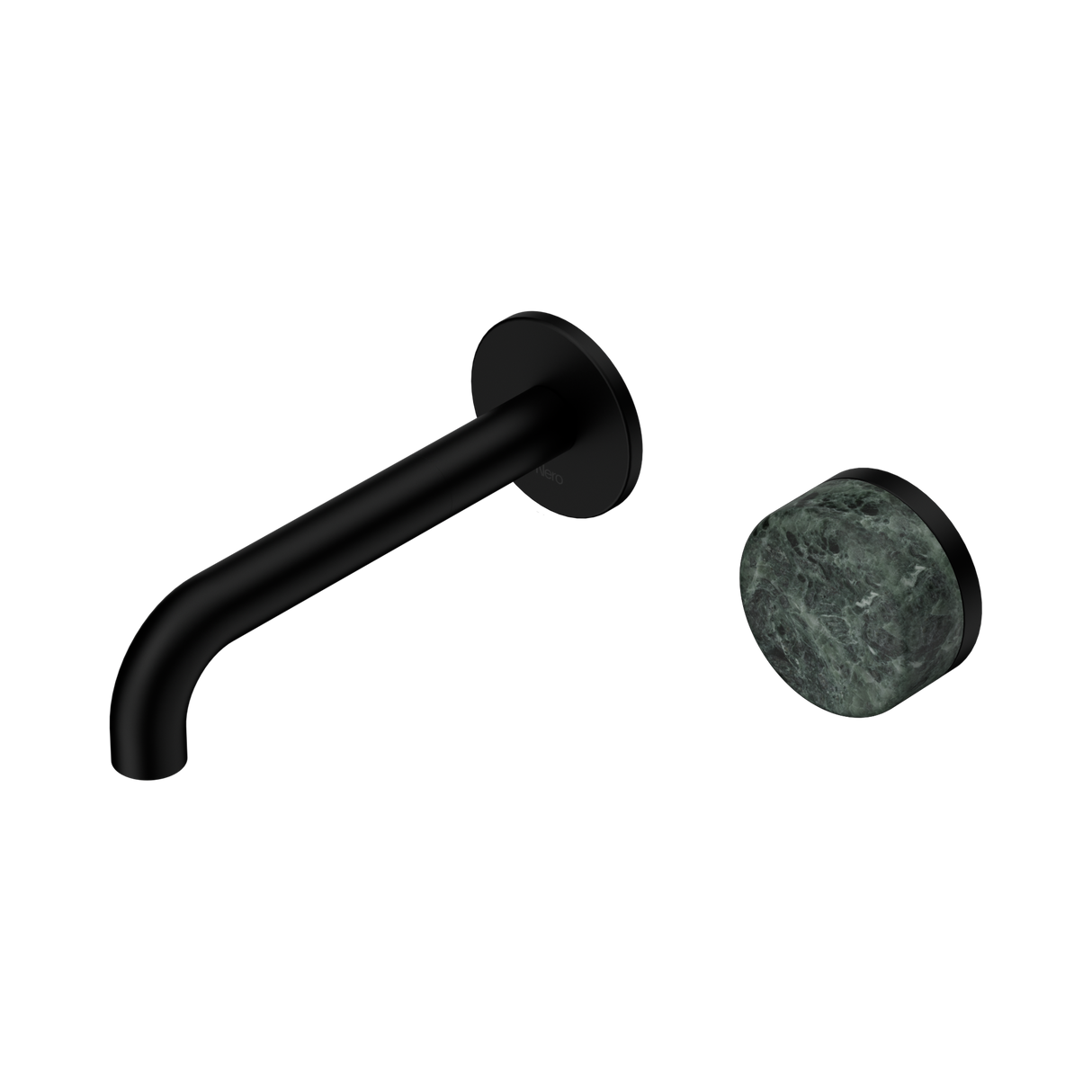 An image of Nero Tapware's Serenity Progressive Wall Basin Mixer 160mm Spout With Verde Alpi Handle Matt Black