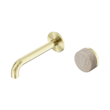 An image of Nero Tapware's Serenity Progressive Wall Basin Mixer 160mm Spout With Rome Travertine Handle Brushed Gold