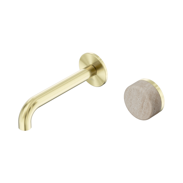 An image of Nero Tapware's Serenity Progressive Wall Basin Mixer 160mm Spout With Rome Travertine Handle Brushed Gold