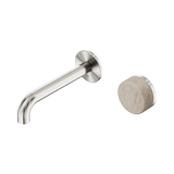 An image of Nero Tapware's Serenity Progressive Wall Basin Mixer 160mm Spout With Rome Travertine Handle Brushed Nickel