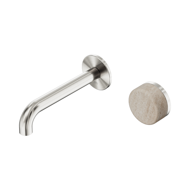 An image of Nero Tapware's Serenity Progressive Wall Basin Mixer 160mm Spout With Rome Travertine Handle Brushed Nickel