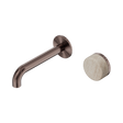 An image of Nero Tapware's Serenity Progressive Wall Basin Mixer 160mm Spout With Rome Travertine Handle Brushed Bronze