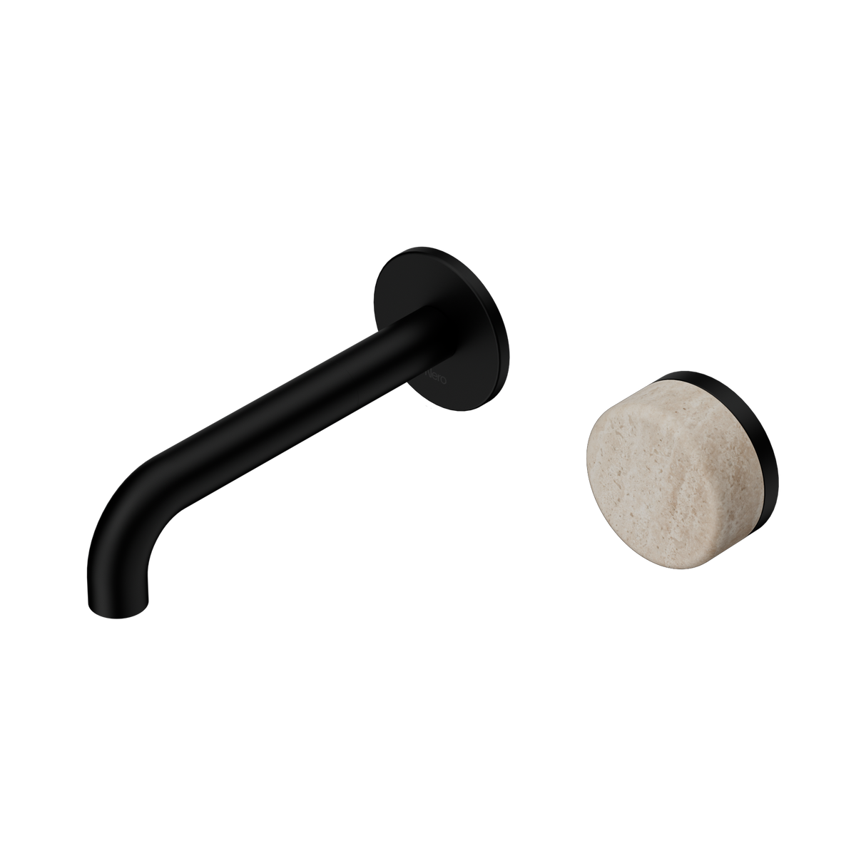 An image of Nero Tapware's Serenity Progressive Wall Basin Mixer 160mm Spout With Rome Travertine Handle Matt Black