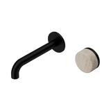 An image of Nero Tapware's Serenity Progressive Wall Basin Mixer 160mm Spout With Rome Travertine Handle Matt Black