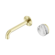 An image of Nero Tapware's Serenity Progressive Wall Basin Mixer 160mm Spout With Arabescato Corchia Handle Brushed Gold