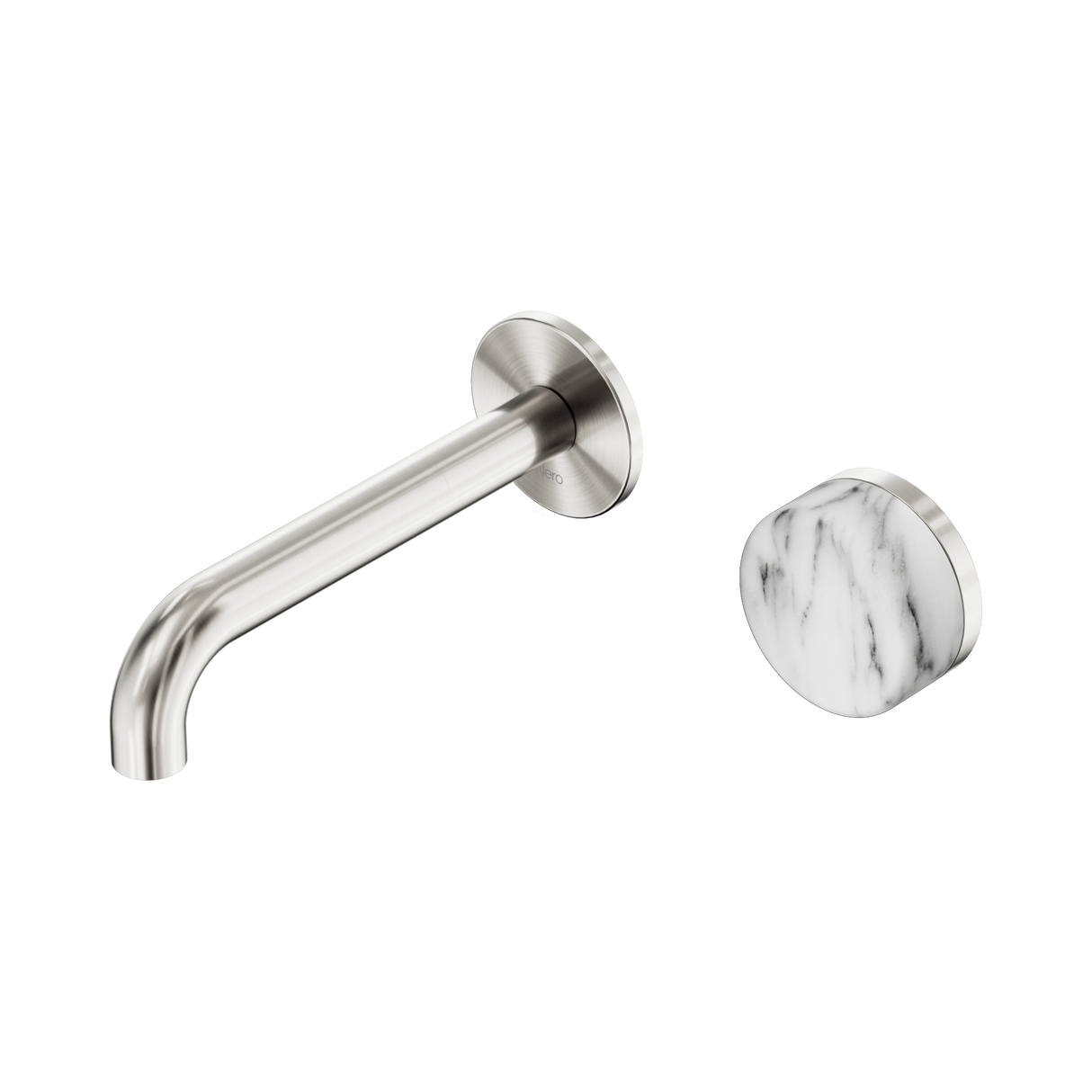 An image of Nero Tapware's Serenity Progressive Wall Basin Mixer 160mm Spout With Arabescato Corchia Handle Brushed Nickel