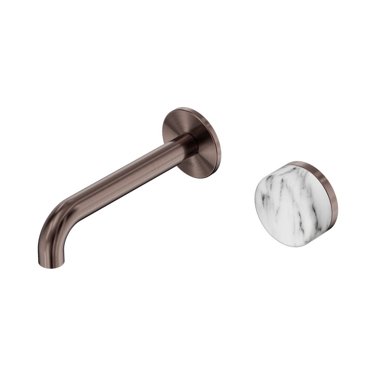 An image of Nero Tapware's Serenity Progressive Wall Basin Mixer 160mm Spout With Arabescato Corchia Handle Brushed Bronze