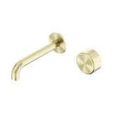 An image of Nero Tapware's Serenity Progressive Wall Basin Mixer 160mm Spout With Metal Handle Brushed Gold