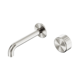 An image of Nero Tapware's Serenity Progressive Wall Basin Mixer 160mm Spout With Metal Handle Brushed Nickel