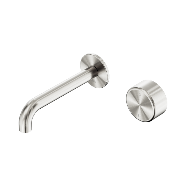 An image of Nero Tapware's Serenity Progressive Wall Basin Mixer 160mm Spout With Metal Handle Brushed Nickel