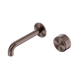 An image of Nero Tapware's Serenity Progressive Wall Basin Mixer 160mm Spout With Metal Handle Brushed Bronze