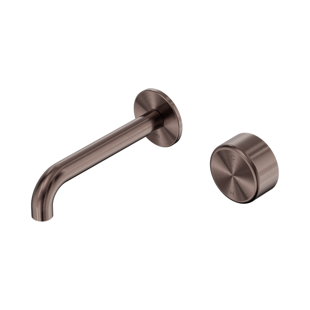 An image of Nero Tapware's Serenity Progressive Wall Basin Mixer 160mm Spout With Metal Handle Brushed Bronze