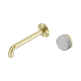 An image of Nero Tapware's Serenity Progressive Wall Basin Mixer 185mm Spout With Carrara Handle Brushed Gold