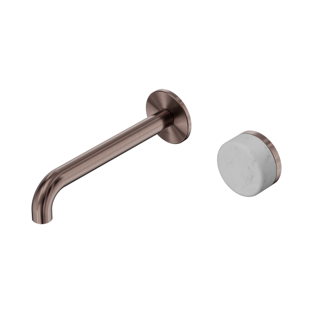 An image of Nero Tapware's Serenity Progressive Wall Basin Mixer 185mm Spout With Carrara Handle Brushed Bronze