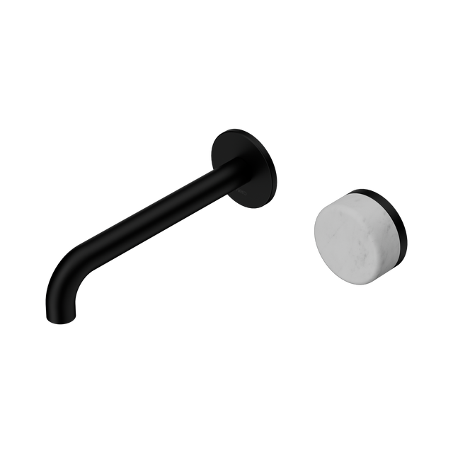 An image of Nero Tapware's Serenity Progressive Wall Basin Mixer 185mm Spout With Carrara Handle Matt Black